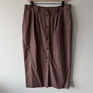 Vintage Midi Skirt Sz 14 Tweed Brown Button Front 70s 80s Academia Country Style